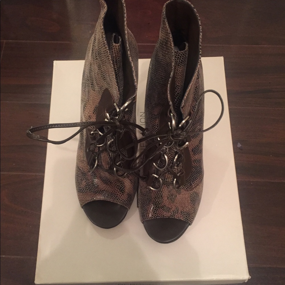 Dark brown with muted tan  peep toe bootie